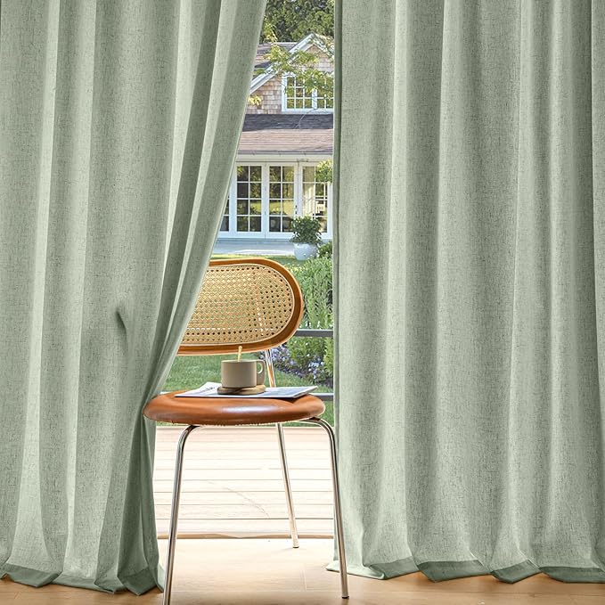 MIULEE Non-See-Through Privacy Linen Curtains 52W x 63L Inch Light Green | 2 Panels, Light Filtering, Semi Sheer Window Curtains, Farmhouse Textured, Back Tab Drapes for Bedroom Living Room
