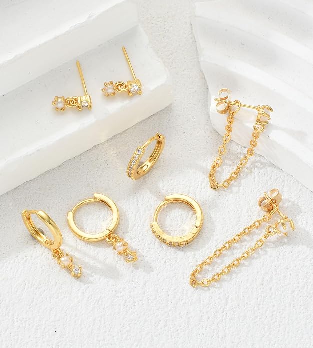 6 Pairs 14K Gold Plated Stud Earrings for Women, Hypoallergenic Cartilage Earrings for Multiple Piercing, Dainty Small Stackable Earrings Set for Jewelry Gift