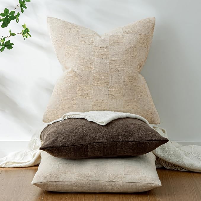 a moment Set of 2 Decorative Linen Throw Pillow Covers,Large Grid Textured Neutral Boho Farmhouse Cushion Covers,Soft Aesthetic Pillowcases for Couch Sofa Living Room Home Decor,22x22 Inch,Natural