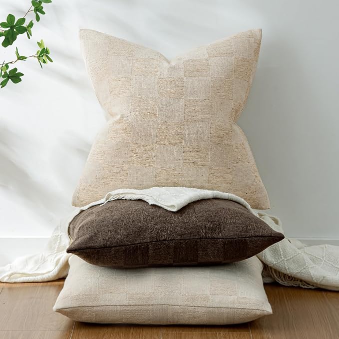 a moment Set of 2 Decorative Linen Throw Pillow Covers,Large Grid Textured Neutral Boho Farmhouse Cushion Covers,Soft Aesthetic Pillowcases for Couch Sofa Living Room Home Decor,16x16 Inch,Natural
