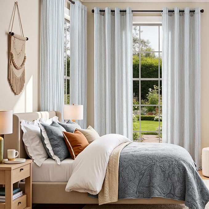 Vangao Linen Striped Curtains for Living Room Bedroom Farmhouse Tickingstripe Light Filtering Window Curtains Printed Drapes Grommet Top 2 Panels Blue W50 x L84 Inch