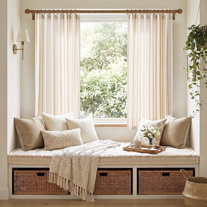 Vangao Striped Curtains Yellow on White Semi Sheer Curtains 63 Inches Long for Bedroom Living Room Modern Farmhouse Linen Textured Light Filtering Drapes 2 Panels Mustard Yellow W50 x L63 Inch