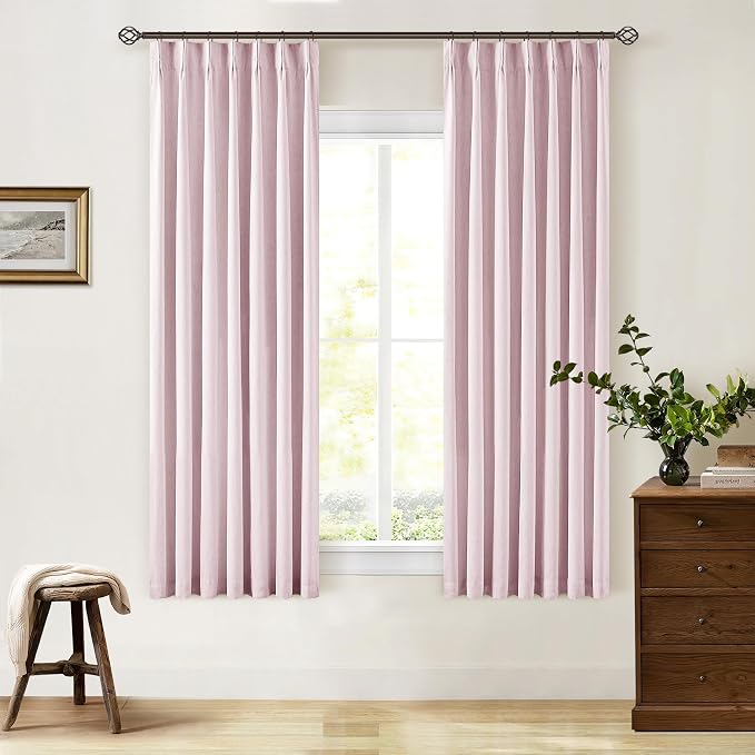 Light Pink 63 Inch Length Blackout Pinch Pleated Linen Curtains with Liner | Memory Trained Pleat with Hooks Rings, Thermal Insulated, 100% Black Out Curtains for Small Window Bedroom Nursery 2 Panels