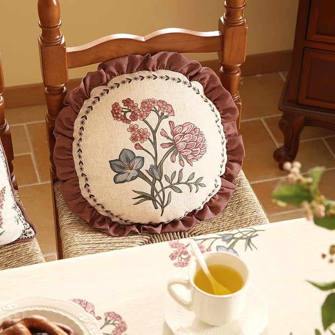 ISAENNE Designer Vintage Linen Throw Pillow Cover,Diameter 16"-Helena D | French Elegant Round Decor Pillow Cover,Concealed Zipper Design,Floral Pattern,Sofas,Bedroom,Living Room,Lounge Chairs