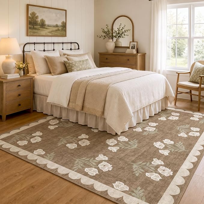 Tan Square Rug 5ft - Soft Washable Boho Farmhouse Bedroom Rug Non Slip 5x5 Stain Resistant Cottage Neutral Scalloped Area Rugs for Living Room Entryway Kitchen Dining Room Bathroom Nursery