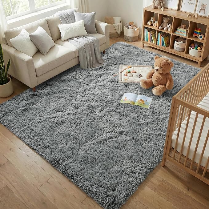 Fluffy Rugs for Living Room: Grey Soft Shag Rug for Bedroom, Large Fuzzy Plush Indoor Floor Carpet Non Slip Modern Rug for Nursery Boys Girls Kids Room Playroom Dorms Home Decor, 9x11 Feet
