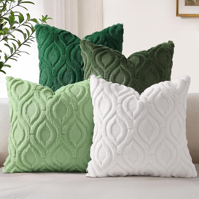 decorUhome Cream White Green Faux Fur Throw Pillow Covers 20x20 Set of 4 | Fall Soft Neutral Decorative Plush Couch Pillow Covers, Accent Modern Farmhouse Neutral Pillow Cases for Sofa Bed Living Room