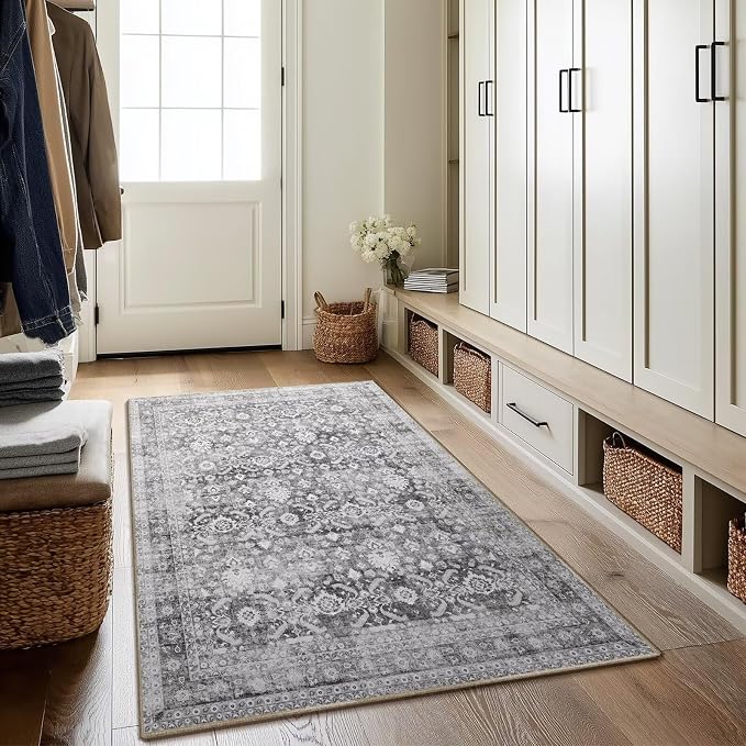 Washable 4x6 Rugs, Boho Vintage Non-Slip Distress Rugs, Grass Green | 0.3" Neutral Throw Rugs for Bedroom Kitchen Nursery Living Room, Cushioned Area Rug for High-traffic