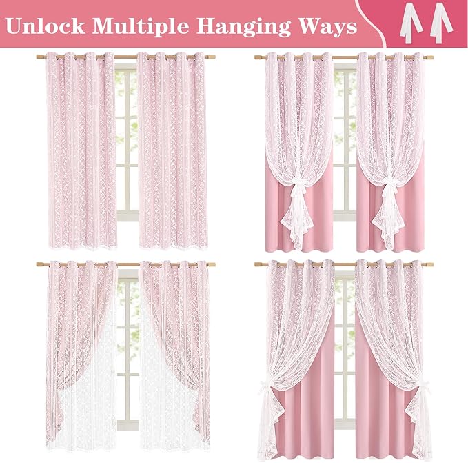 ASPMIZ Pink Blackout Curtains for Bedroom 63 inch Long, Double Layer Curtains with Lace Overlay, Light Blocking Grommet Drapes for Girls Living Room Thermal Insulated Window Curtain Set of 2, 52x63