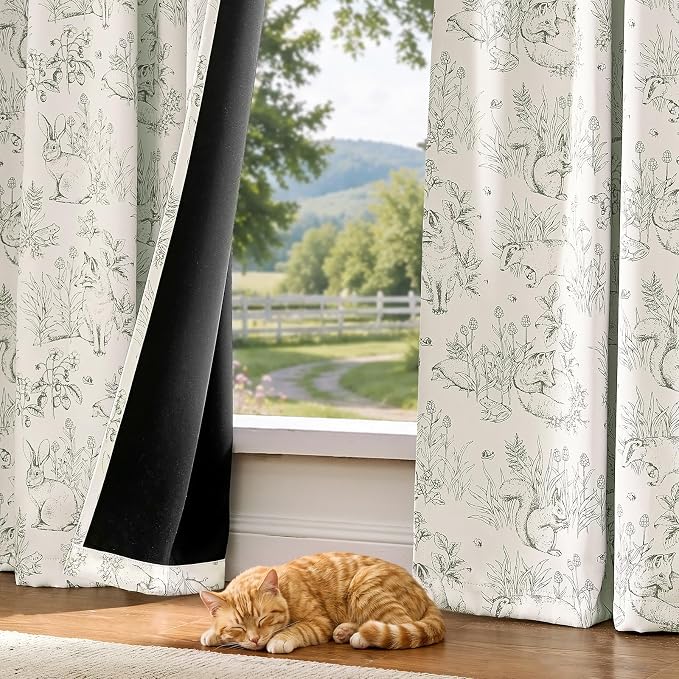 jinchan Green Blackout Curtains 84 Inch Whimsical Back Tab 2 Panels | Room darkening,nursery kids bedroom,privacy,whimsical,cottagecore,bunny pattern,botanical,nature-inspired decor