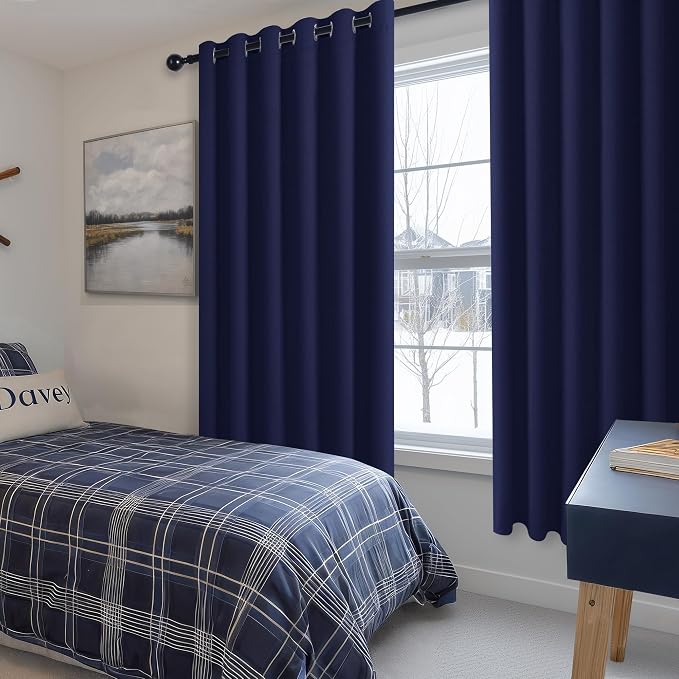 Hiasan Grommet Blackout Curtains for Bedroom, 70 x 63 Inches - Thermal Insulated & Light Blocking Window Drapes for Living Room/Dorm Room, Set of 2 Panels Sewn with Tiebacks, Navy Blue