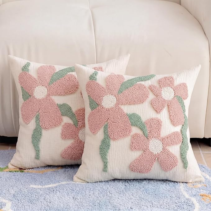 Summer Floral Throw Pillow Covers 18x18 Inch Set of 2, Chenille Embroidered Pillowcase with 3D Tufted Pink Flowers Sage Green Leaves, Boho Decorative Cushion Covers for Couch Sofa Bed