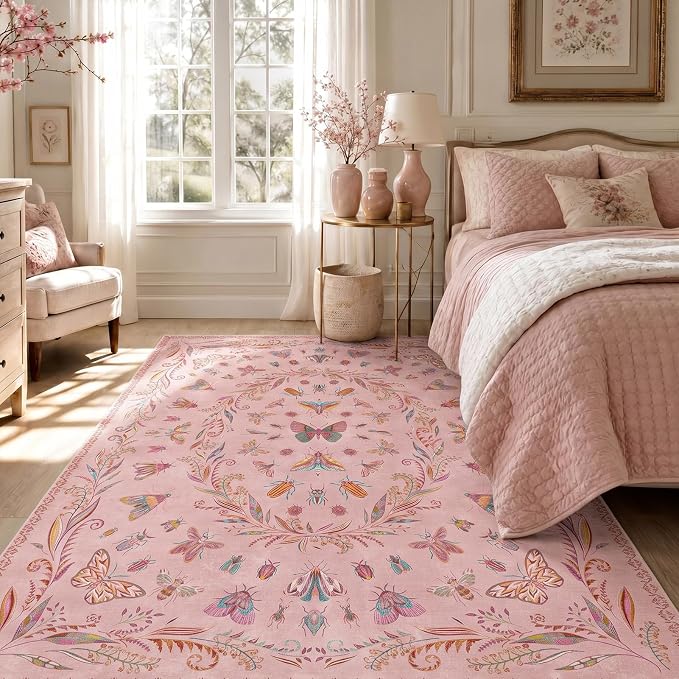 Lunasun Butterfly Area Rugs 5x8 for Baby Nursery, Cute Pink Rugs for Bedroom Girls, Living Room, Kids Room Playroom Reading Corner, Washable Ultra Soft Stain Resistant Floral Floor Decor