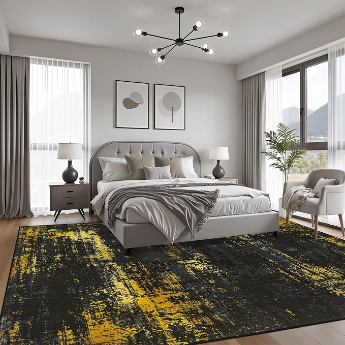 10x12 Area Rug Living Room Rug: Washable Modern Abstract Soft Thin Rug Indoor Floor No Slip Carpet for Bedroom Dining Room Farmhouse Nursery Home Office - Dark Black Gold