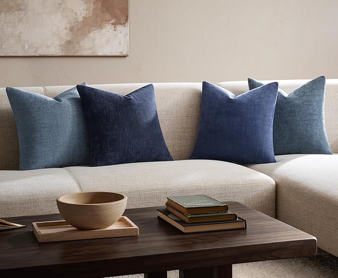 Pack of 4 Throw Pillow Covers 18x18 Inch Chenille Textured Neutral Blue Soft Pillow Covers Solid Decorative Farmhouse Cushion Covers Home Boho Decor for Couch Sofa Bed Living Room