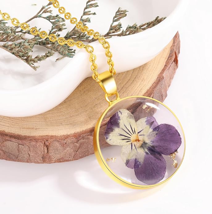 AUNTESIGN Forget-Me-Not and Queen Anne's Lace Pressed Wildflower Necklace | Birth Month Flowers Necklace | Gold/Silver Pressed Flower Jewelry | Mother's Day | Gift For Her