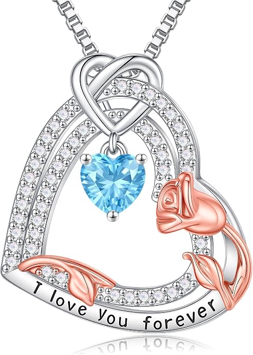 Gifts for Mom 925 Sterling Silver Birthstone Necklace for Women, Heart & Rose Design Birthday Gifts for Mom Wife Her