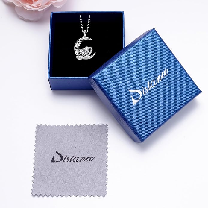 Distance I Love You to The Moon and Back Necklace for Women, S925 Sterling Silver Forever Love Heart Birthstone Necklace, Anniversary Birthday Jewelry for Wife Lover