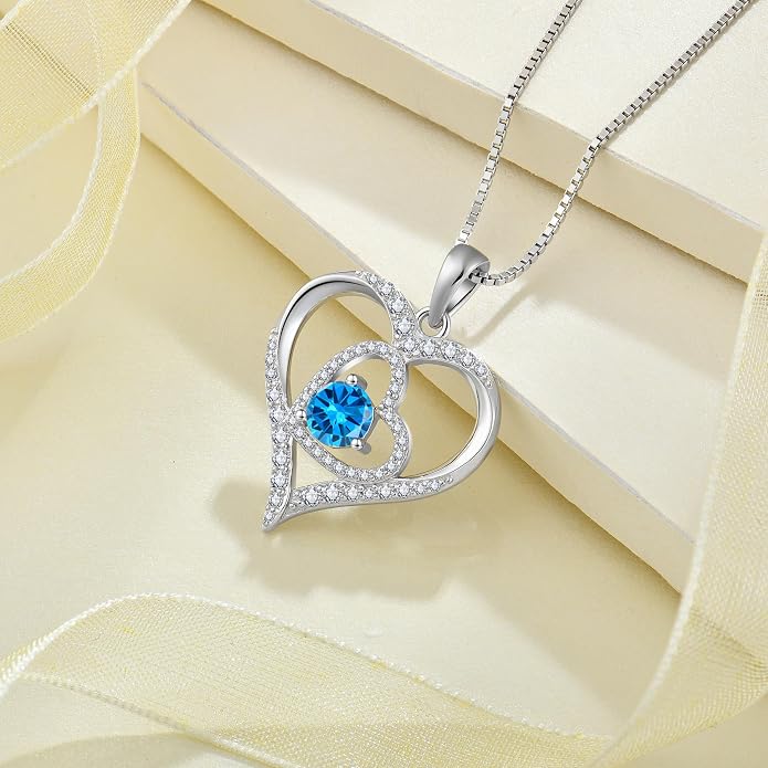 Love Heart Necklace for Women 925 Sterling Silver Birthstone Pendant Necklace Dainty Jewelry for Women Wife Mother Christmas Birthday Mother's Day Gift