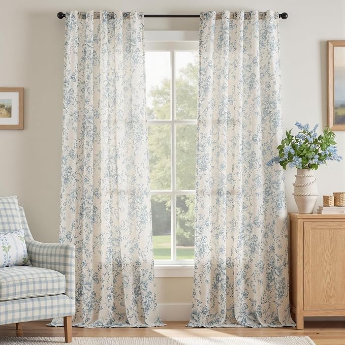 jinchan Blue Floral Linen Curtains 96 Inch Vintage Back Tab 2 Panels | Light filtering drapes, semi sheer, farmhouse, cottagecore, rustic, living room, bedroom, rod pocket, window treatment