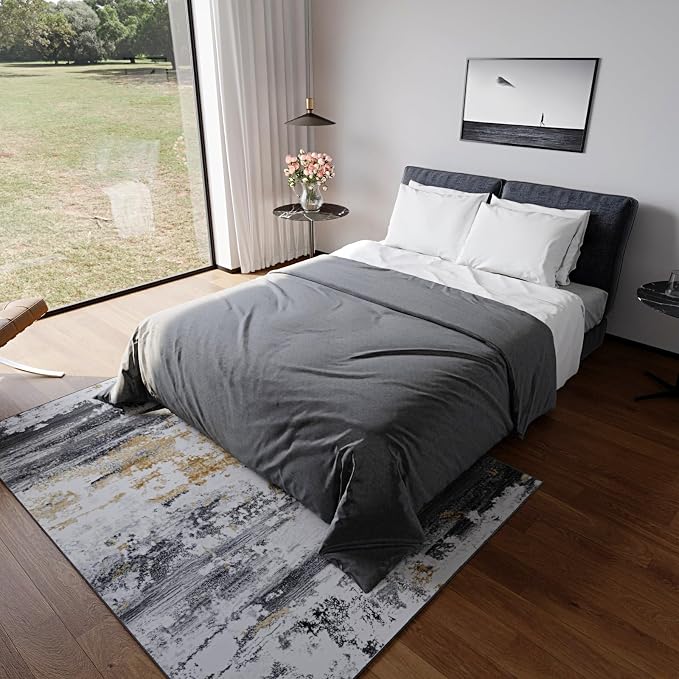 Kelarea Washable Area Rug for Living Room, 5x7 Non Slip Modern Abstract Grey Rugs, Easy Clearning Low Pile Large Carpet for Bedroom, Dining Room, Nursery, Office