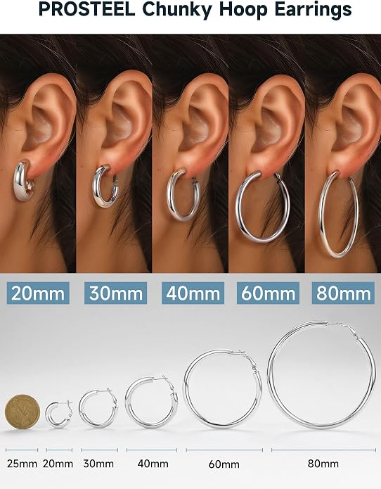 Stainless Steel Chunky Hoop Earrings For Women, Minimalist and Chic, Black/Gold Plated, Round Hoops Earrings Hypoallergenic, Size: 30mm/40mm/60mm/80mm, Come with Box