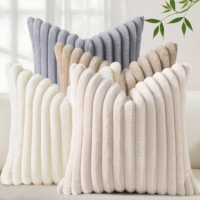 decorUhome Fall Faux Fur Throw Pillow Covers 18x18 Set of 4 Khaki/Beige | Decorative Modern Farmhouse Soft Cozy Striped Pillow Cases Velvet Back for Sofa Bed Living Room Classic Accent Home Decor