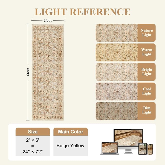DUKINO 2x6 Runner Rug, Washable Vintage Floral Kitchen Rug, Beige | Non Slip, Low Pile, Stain Resistant Boho Soft Throw Carpet Runner for Hallway Bathroom Laundry Bedroom Entryway, Non-Shedding