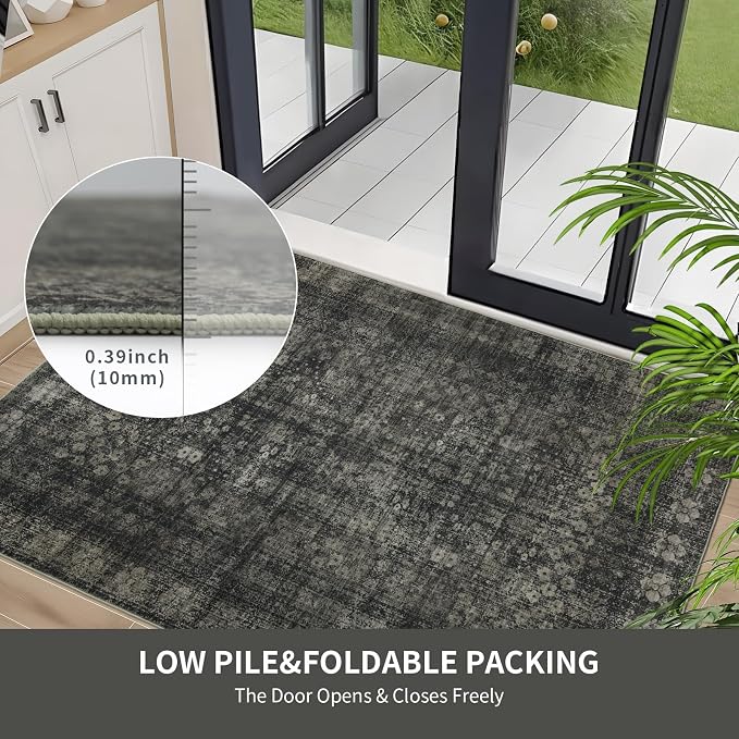 Washable Runner Hallway Rug, 2x6, Black | Low Pile, Non Slip, Non-Shedding, Soft Indoor, Stain Resistant Rug for Bedroom Laundry Room Bathroom