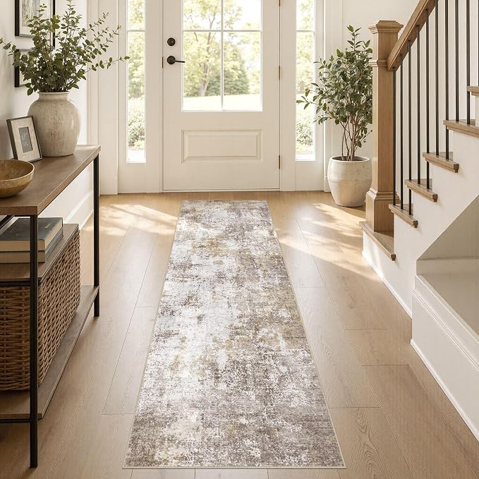 Machine Washable Runner Rug 2x6, Non Slip Soft Rug for Hallway | Modern Abstract Carpet, Stain Resistant and Pet Friendly, Joint-Friendly Indoor Rug, Made for Kitchen, Bathroom - Gold Brown