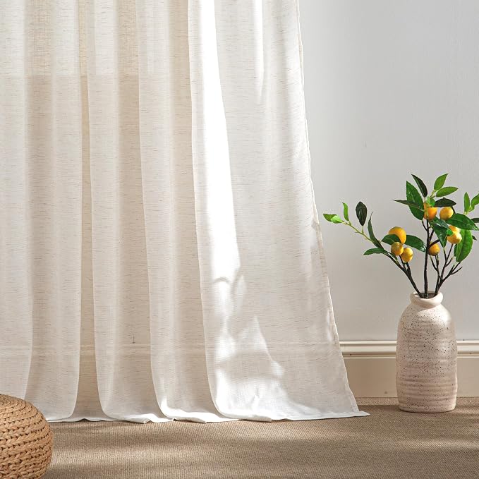 RYB HOME Linen Sheer Curtains Light & Airy Translucent Privacy Protected Vertical Panels for Bedroom Living Room, Rod Pocket & Back Tab, Ivory, W 52 x L 95 inch, 2 Panels