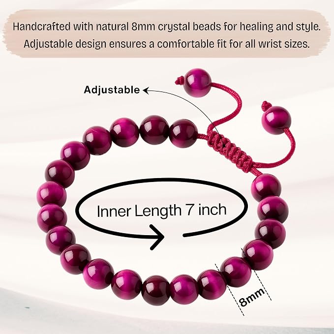 Amazing Gemstone Pink Tiger Eye Bracelet, Gifts for Men & Women - Protection Healing Crystal Bracelet - 8mm Gemstone Beaded Adjustable Bracelet, Pulseras para Hombres Mujer Stocking Stuffers