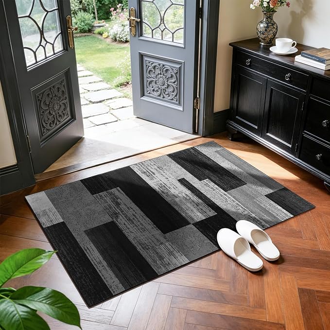 LIANLAM 2x3 Washable Entryway Rug,Non-Slip Indoor Door Mat(2x3,Black&Gray) | Non-Slip Door Mat with Vintage Checkered Pattern, Stain & Water Resistant, Low Pile for Front Door,Hall,Kitchen,Bathroom
