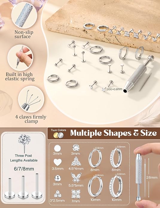 ORAZIO 16G/18G/20G Flat Back Earrings for Women Threadless 316L Surgical Steel Stud Hoop Earrings Push in Nose Studs Hypoallergenic Cartilage Earring Stacks Labret Helix Tragus Conch Piercing Jewelry