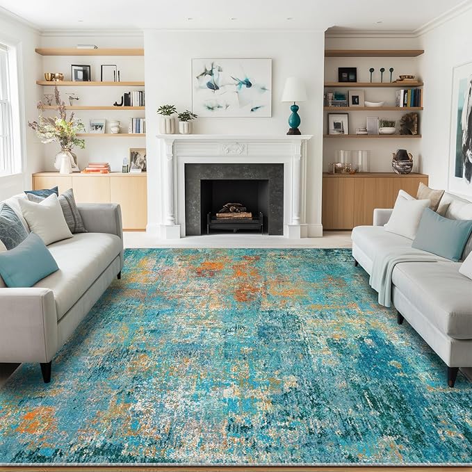 RELEANY Washable Area Rugs 9'x12' Non-Slip Modern Abstract Soft for Living Room Entryway Bedroom Kitchen, Print Pattern, Teal Blue Green Orange Rust Red Coloreful