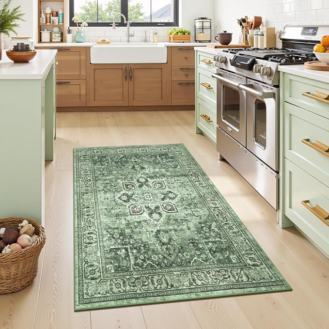 Sage Green Vintage 3x5 Entryway Rug - Farmhouse Boho Eclectic Floral Pastel Moss Green Carpet, Washable Low Pile Non-Slip Area Rugs for Door Mat, Indoor Entrance, Kitchen, Laundry, Beside Bed