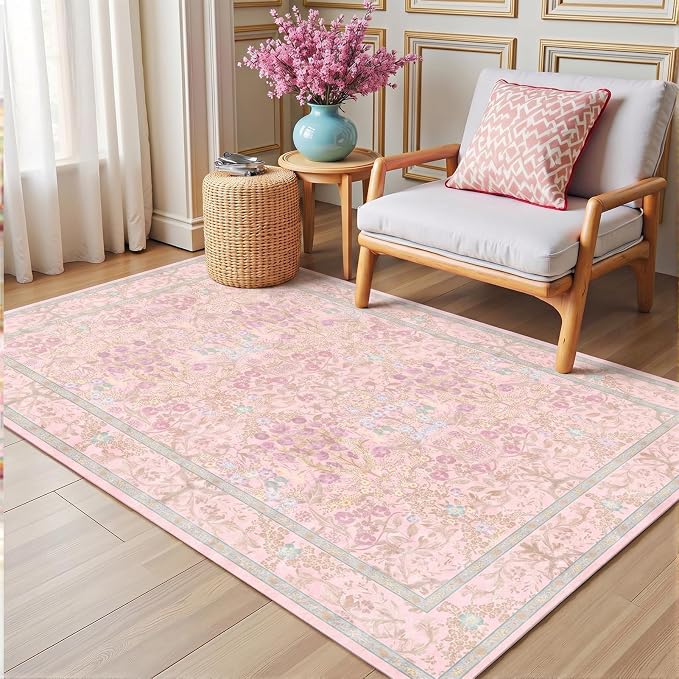 Vintage Washable Light Pink Area Rugs for Bedroom Under Bed, Living Room, Nursery, Kitchen, Entryway, Low Pile Non Slip Stain Resistance Distressed Retro Indoor (Light Pink, 4 x 6)