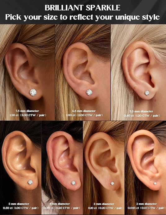 GEMQUEEN Moissanite Earrings Studs : 18K Gold Plated Solid 925 Sterling Silver Stud Earring for Women Men Hypoallergenic Dainty Moissanite Jewelry for Sensitive Ears Round Cut D Color VVS1 2-7.5mm