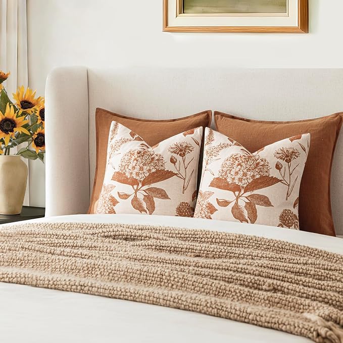 Foindtower Set of 2 Linen Floral Throw Pillow Covers Vintage Accent Print Decorative Cozy Cushion Covers Farmhouse Boho Home Decor for Sofa Chair Couch Bedroom Living Room,24×24 Inch,Autumn Orange