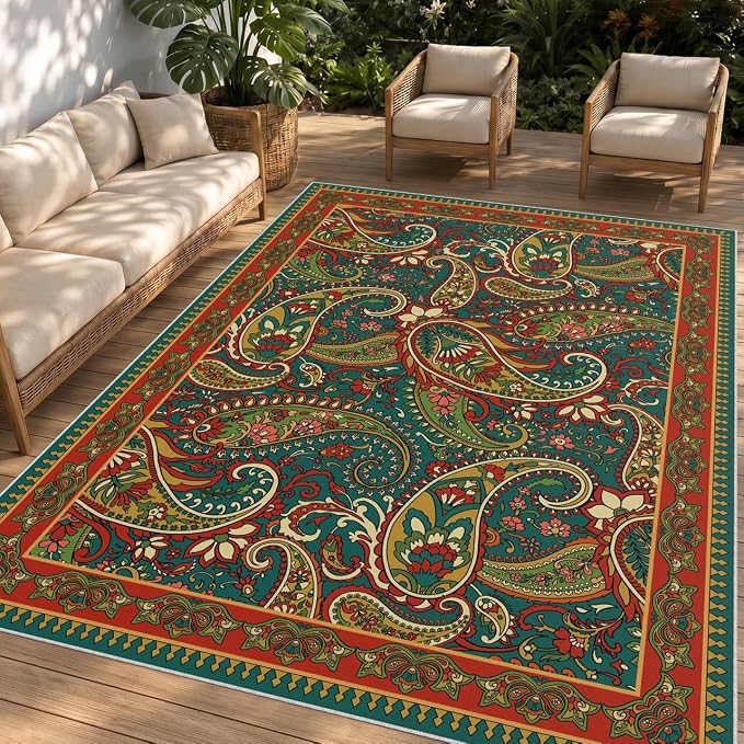 Arenarug Paisley Outdoor Rug Waterproof 4x6, UV Resistant Non Slip Patio Rug, Indoor Outdoor Boho Camping Rug Linen-Look RV Carpet for Deck Balcony Backyard, Terracotta
