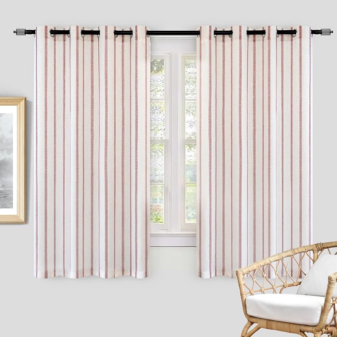 DriftAway Farmhouse Linen Stripe Blackout Curtains, W52xL54, Red | Blackout, Linen Texture, Stripe Pattern, Rod Pocket & Back Tab, Two Layers, Bedroom Living Room Use, Sound Reducing Design