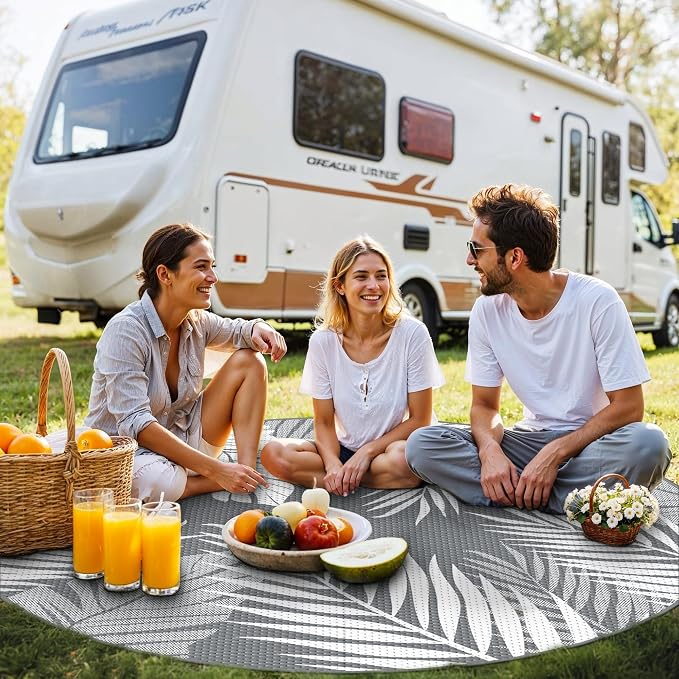 GENIMO Outdoor Rug, Waterproof Plastic Rugs for Patio, 10' Round Grey White | Outside Larger Leaf Carpet Mat for Deck Decor, Porch, Balcony, Backyard, Camping, Picnic, Beach, RV, Reversible, Foldable