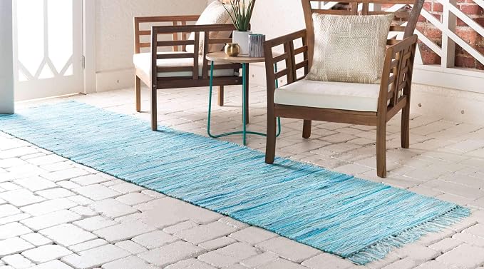 Unique Loom Chindi Cotton Collection Soft Hand Woven Natural Fiber Striped Area Rug, 2 ft 7 in x 9 ft 10 in, Turquoise/Ivory