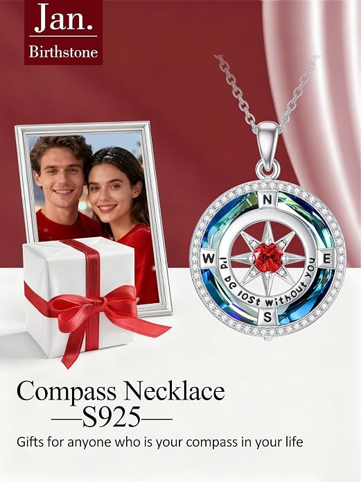 TOUPOP Necklace Gifts for Wife Compass Jewelry Women Anniversary Girlfriend Birthday Gift for Her Valentines I'd be Lost without You Sterling Silver Birthstone Necklaces