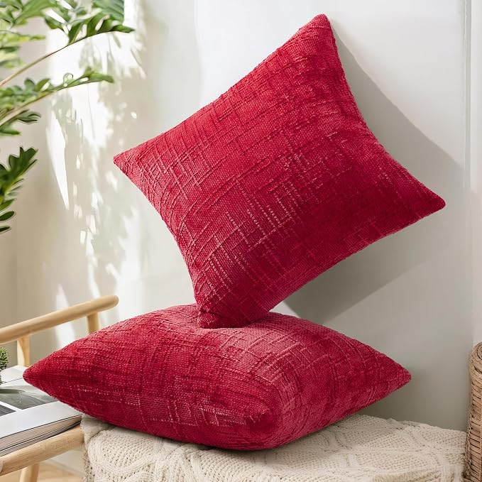 decorUhome Textured Chenille Throw Pillow Covers 18x18 Set of 2 Red | Fall Modern Farmhouse Soft Cozy Slubby Couch Pillow Cases Boho Decorative Pillow Cases for Bed Sofa Living Room Home Decor