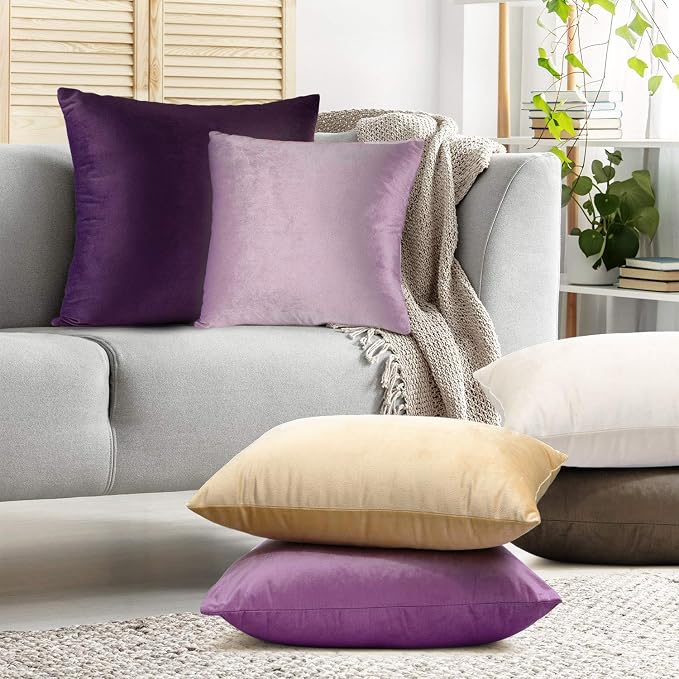 Nestl Throw Pillow Covers, Cozy Velvet Decorative Pillow Cases 24 x 24 Inches, Soft Solid Couch Pillow Covers for Sofa, Bed and Car, Set of 2 - Light Gray Lavender