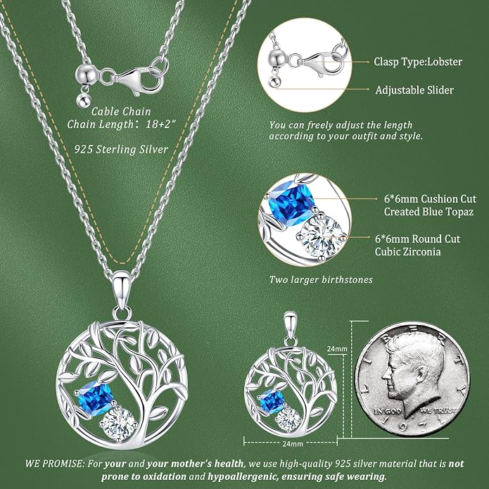 Tree of Life Birthstone Necklace for Women 925 Sterling Silver Birthstone Pendant 12 Months Necklaces with Zircon Birthday Gifts for Women, Mom, Grandma Cable Chain 18"+2"