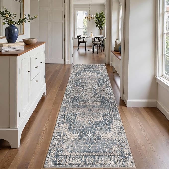 Rugxara 2x6 Washable Runner Rug for Hallway Kitchen Entryway, Blue | Non Slip, Runner Rug for Bedroom Laundry Room Bathroom, Stain Resistant, Soft, Low Pile, Vintage Boho Retro Carpet