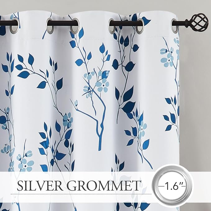 Beauoop Floral 100% Blackout Curtains for Bedroom Navy Blue 52X90 2 Panels | Flower Patterned Navy White Room Darkening Drapes for Living Room Thermal Insulated Soundproof Window treatment Grommet