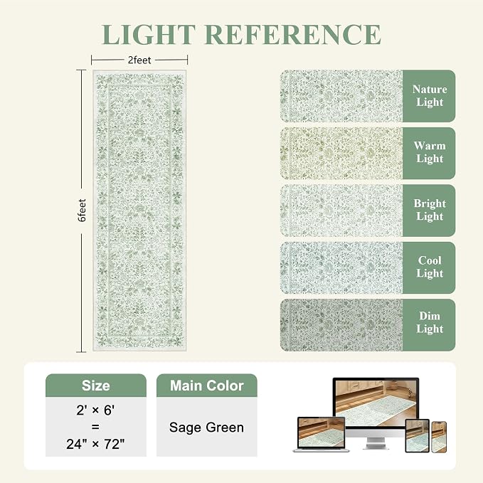 DUKINO 2x6 Runner Rug, Washable Vintage Floral Kitchen Rug, Sage Green | Non Slip, Low Pile, Stain Resistant Boho Soft Throw Carpet Runner for Hallway Bathroom Laundry Bedroom Entryway, Non-Shedding